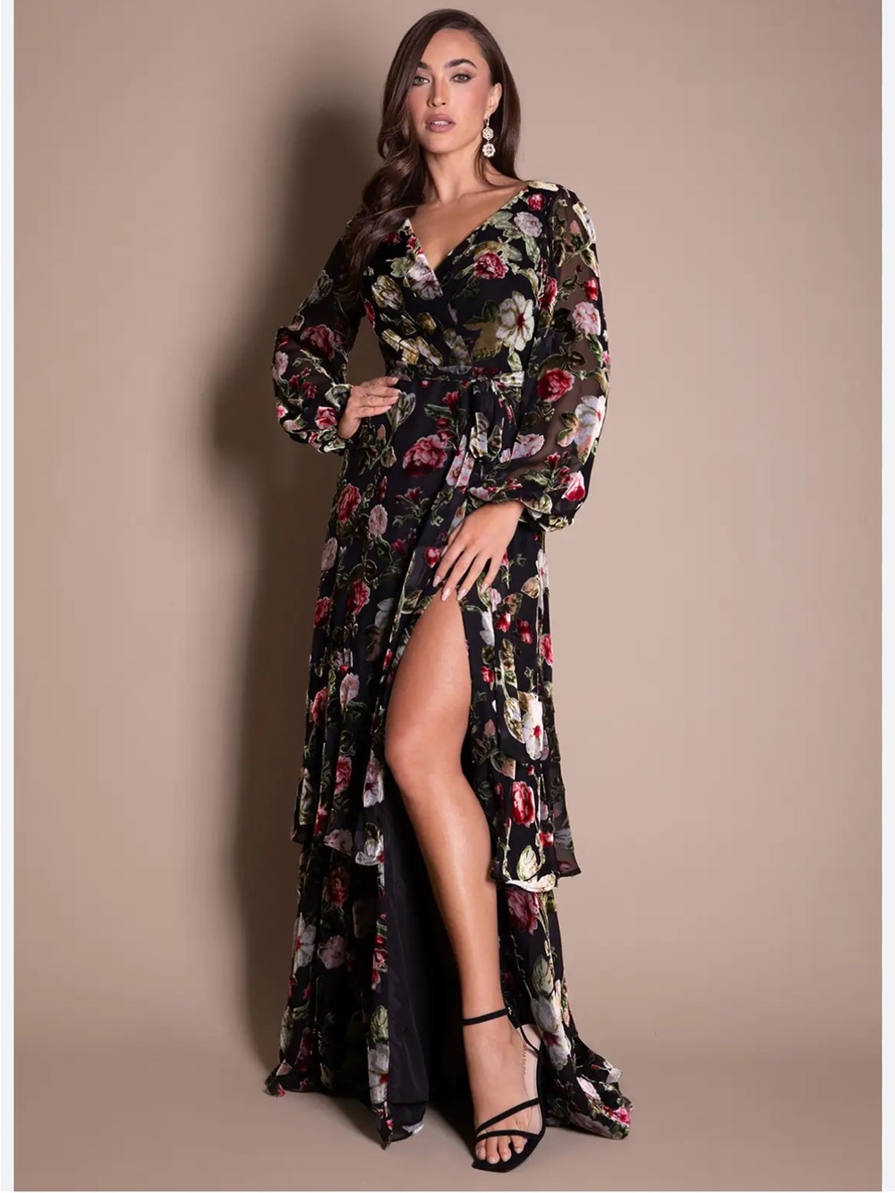 NWT Azazie Black Floral Velvet-Print Maxi Dress
